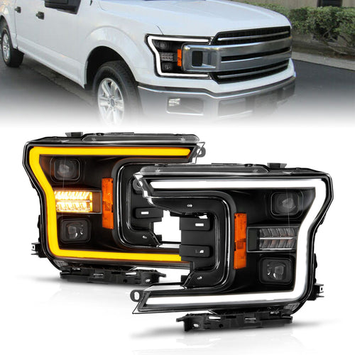 Ford Projector Headlights, Ford F 150 18-20 Projector Headlights, Full Led Projector Headlights, Ford Black Projector Headlights, Ford  Sequential Signal, Ford Initiation Feature, Anzo
