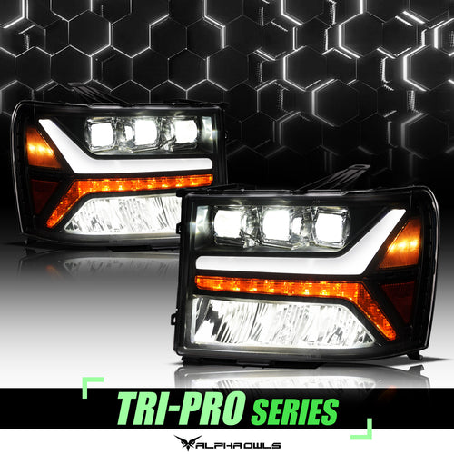 Alpha Owls Headlights, Alpha Owls GMC Headlights, GMC 2007-2014 Headlights, GMC Sierra 2500/3500 Headlights, LED Projector Headlights, GMC Sierra Headlights