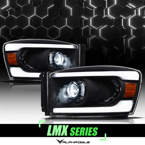 Alpha Owls Projector Headlights, Alpha Owls Dodge Headlights, Dodge 2006-2008 Headlights, Dodge Ram 1500 Headlights, Projector Headlights, Black housing Headlights