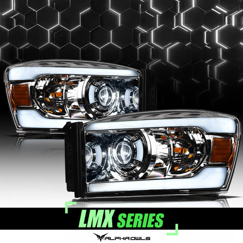 Alpha Owls Projector Headlights, Alpha Owls Dodge Headlights, Dodge 2006-2008 Headlights, Dodge Ram 1500 Headlights, LED Projector Headlights, Chrome housing Headlights