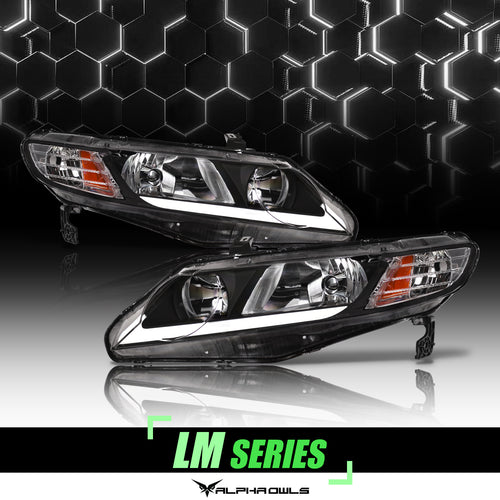 Alpha Owls Headlights, Alpha Owls Honda Headlights, Honda 2006-2011 Headlights, Honda Civic 4DR Headlights, Headlights, Black housing Headlights