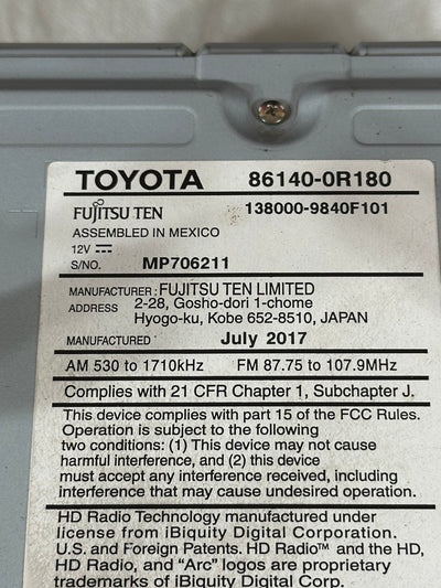Reman 2015-2018 Toyota RAV4 OEM HD Radio Touch Screen CD Player Gracenote 100582