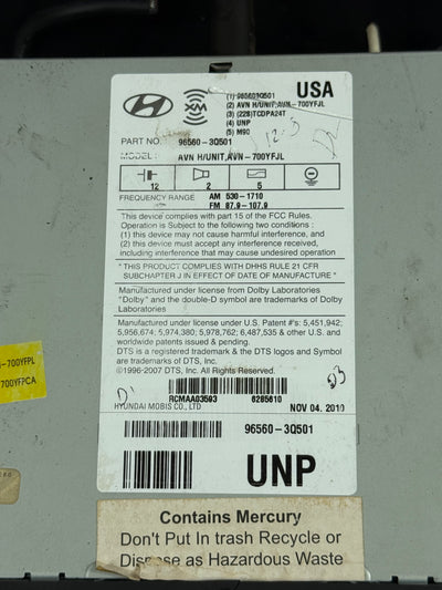 11 12 2011 2012 Hyundai Sonata Radio Cd OEM Gps Navigation System 96560-3Q501