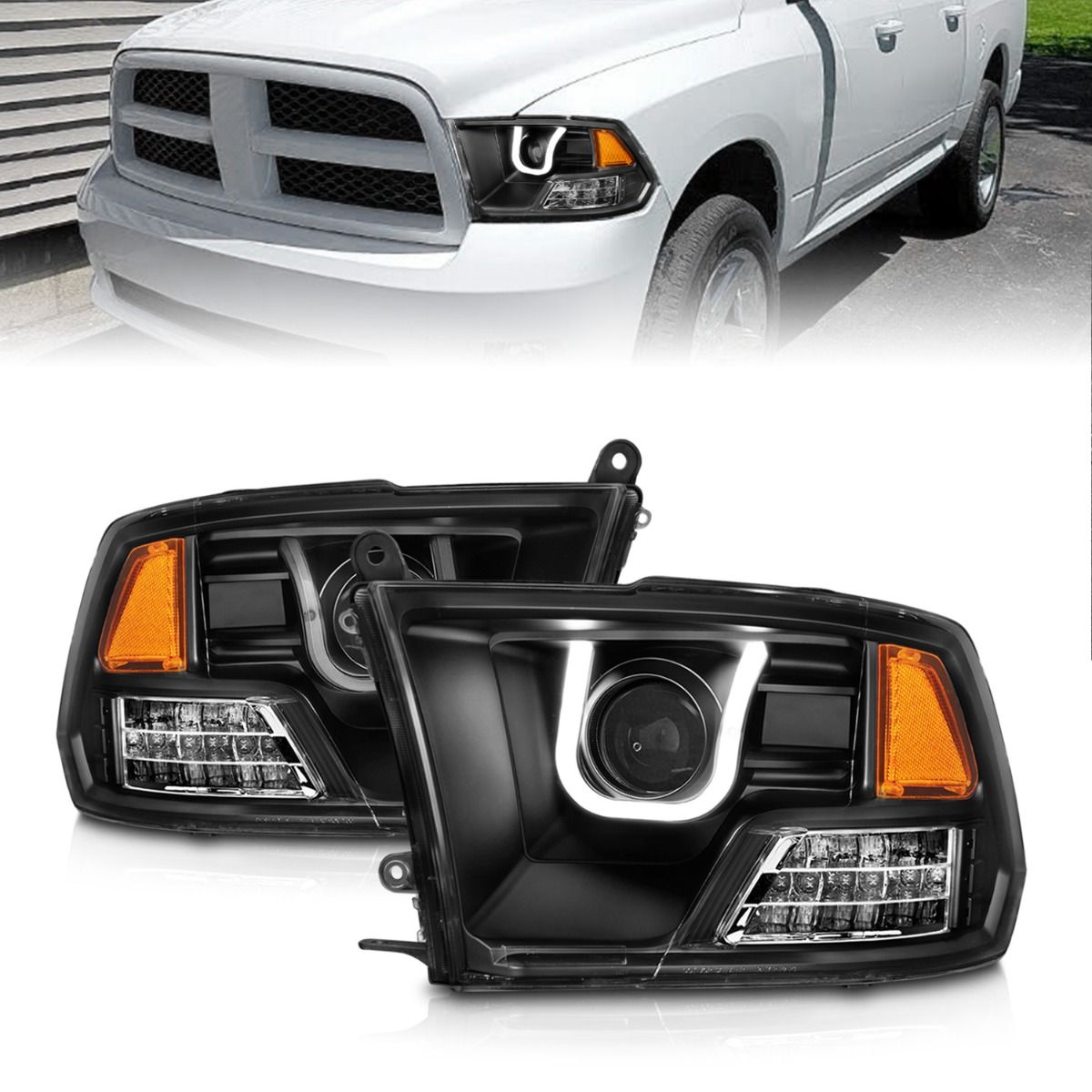 Dodge Ram Projector Headlights, Ram 1500 Projector Headlights, Ram 2500 Projector Headlights, Ram 3500 Projector Headlights, 2009-2018 Projector Headlights, Black Projector Headlights, Anzo Projector Headlights, LED Projector Headlights