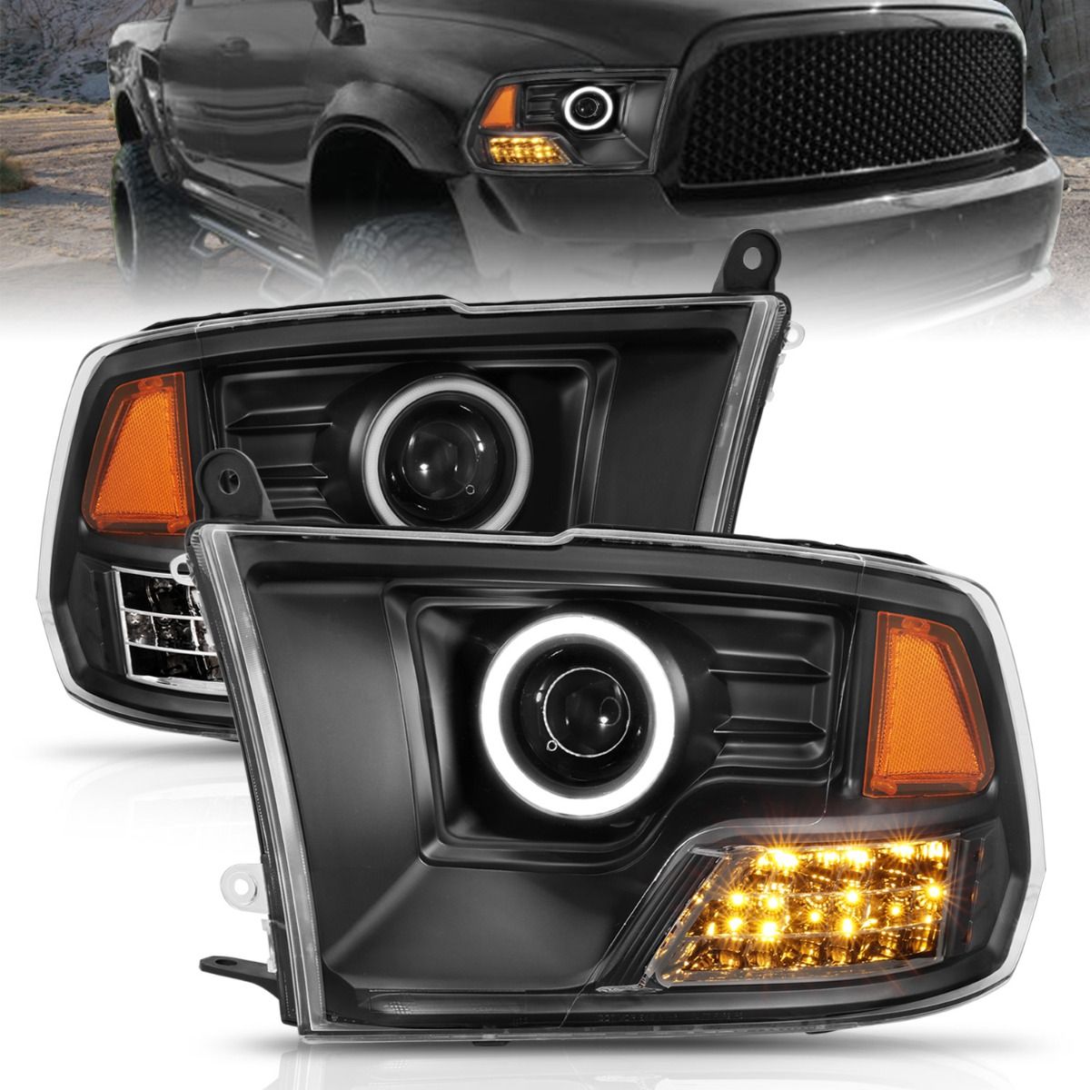 Dodge Ram Projector Headlights, Ram 1500 Projector Headlights, Ram 2500 Projector Headlights, Ram 3500 Projector Headlights, 2009-2018 Projector Headlights, Black Projector Headlights, Anzo Projector Headlights, LED Projector Headlights