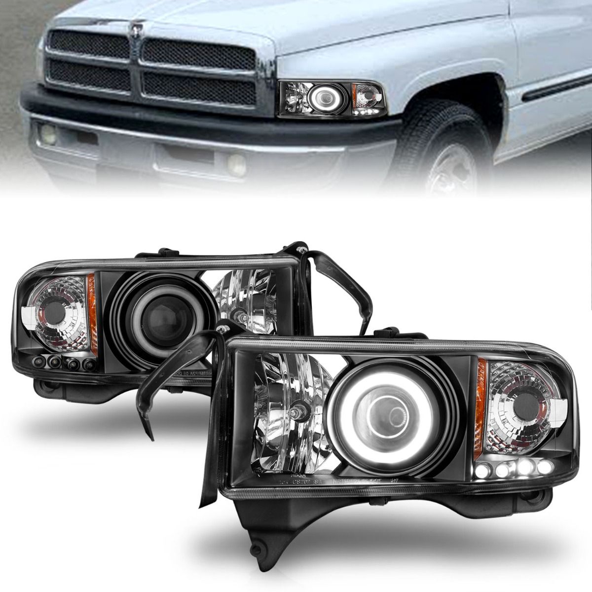 Dodge Ram Projector Headlights, Ram 1500 Projector Headlights, Ram 2500 Projector Headlights, Ram 3500 Projector Headlights, 1994-2001 Projector Headlights, Black Projector Headlights, Anzo Projector Headlights, LED Projector Headlights