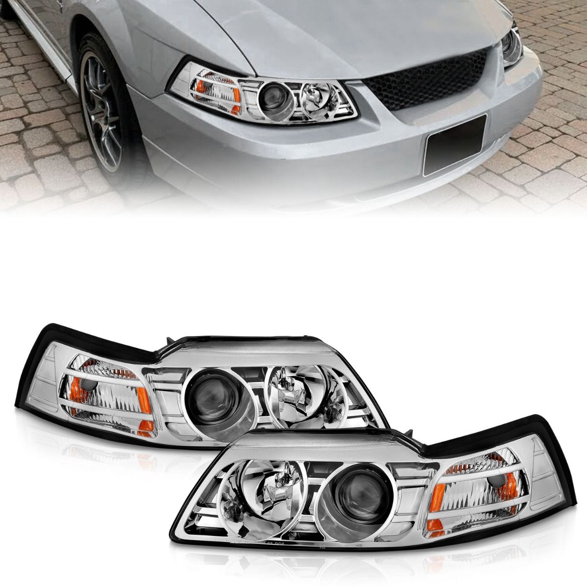 FORD PROJECTOR HEADLIGHTS, FORD MUSTANG HEADLIGHTS, FORD 99-04 HEADLIGHTS, PROJECTOR HEADLIGHTS, CHROME HOUSING, Anzo HEADLIGHTS