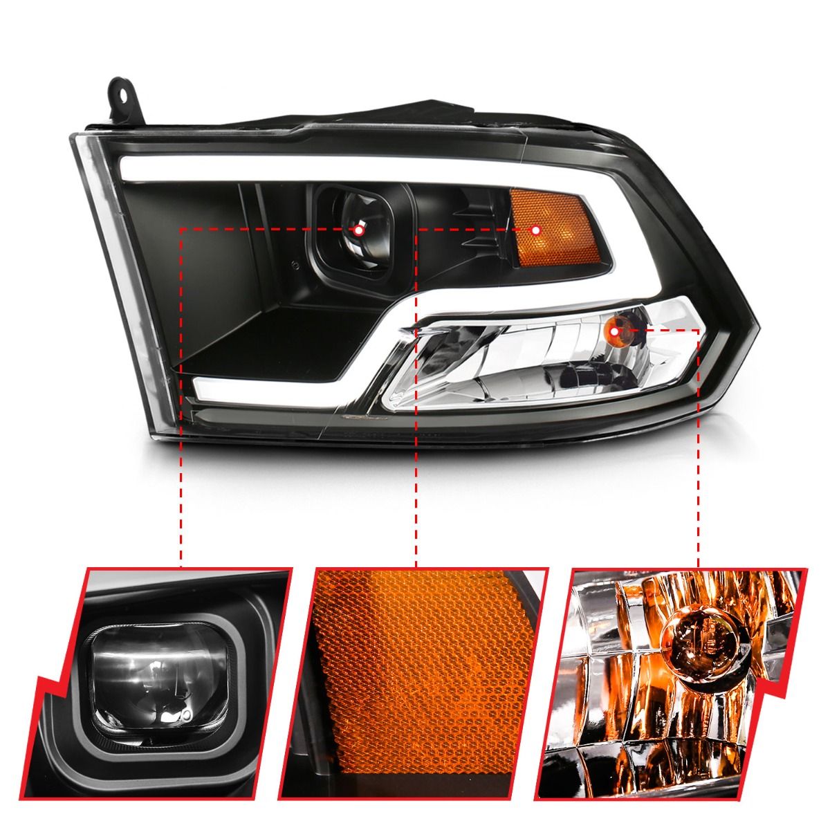 Dodge Ram Projector Headlights, Ram 1500 Projector Headlights, 2009-2018 Projector Headlights, Black Clear Projector Headlights, Anzo Projector Headlights, LED Projector Headlights