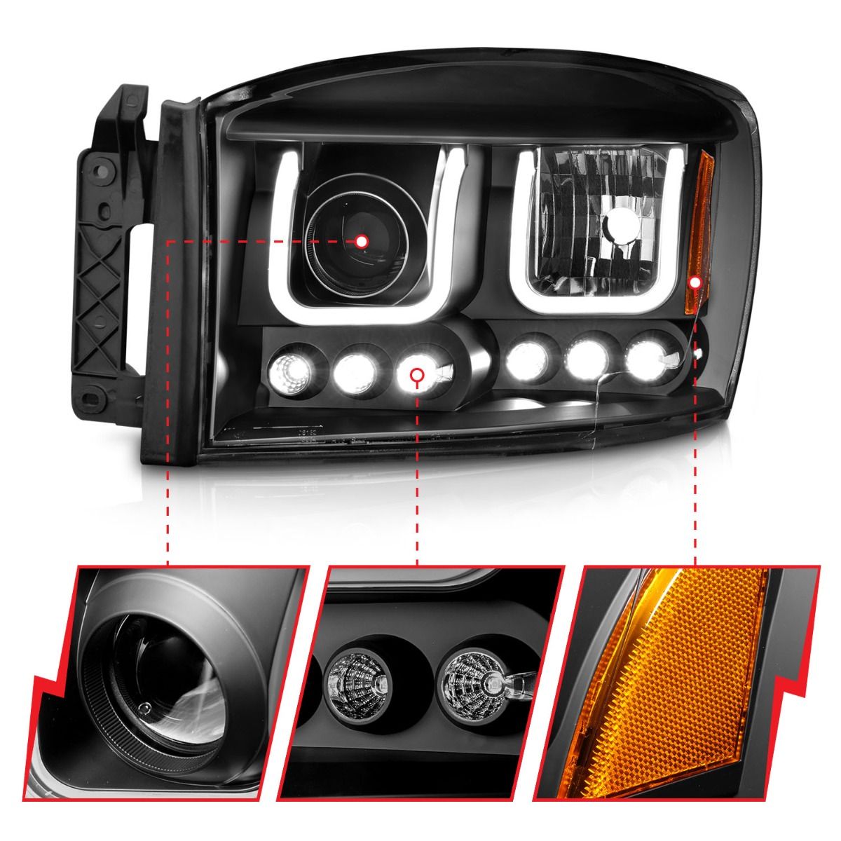 Dodge Ram Projector Headlights, Ram 1500 Projector Headlights, Ram 2500 Projector Headlights, Ram 3500 Projector Headlights, 2009-2018 Projector Headlights, Black Projector Headlights, Anzo Projector Headlights, LED Projector Headlights