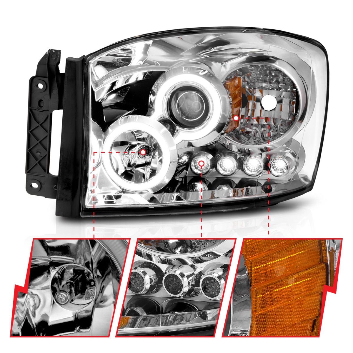 Dodge Ram Projector Headlights, Ram Projector Headlights, Ram 2500 Projector Headlights, Ram 3500 Projector Headlights, 2006-2009 Projector Headlights, Chrome Projector Headlights, Anzo Projector Headlights, LED Projector Headlights