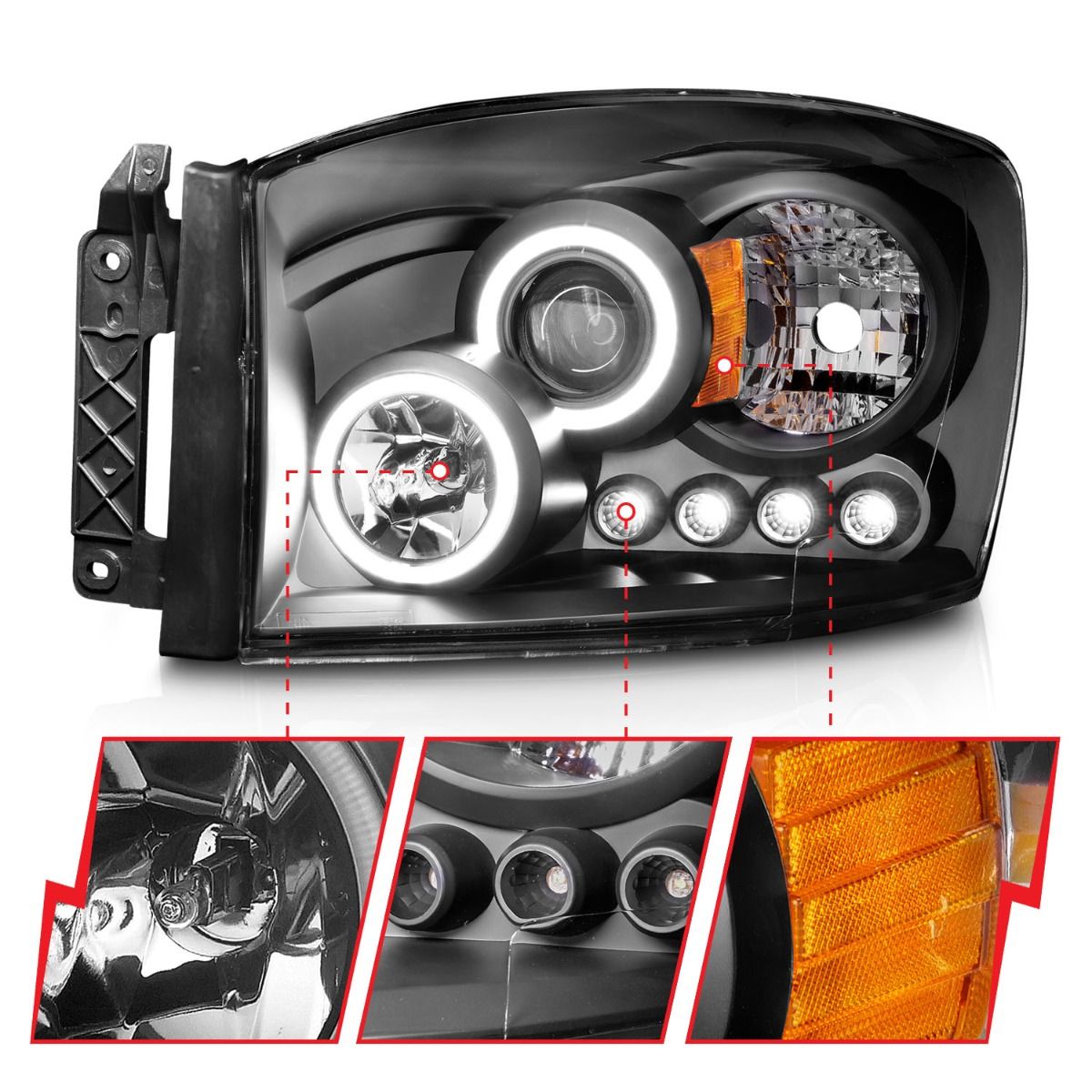 Dodge Ram Projector Headlights, Ram Projector Headlights, Ram 2500 Projector Headlights, Ram 3500 Projector Headlights, 2006-2009 Projector Headlights, Black Projector Headlights, Anzo Projector Headlights, LED Projector Headlights