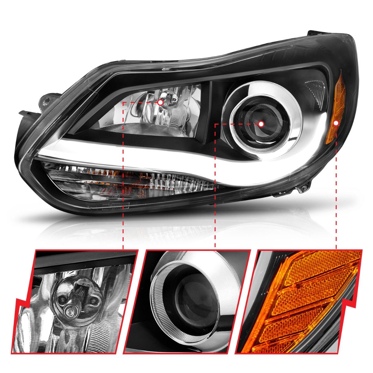 Ford Projector Headlights, Ford Focus Headlights, Focus 12-14 Headlights, Projector Headlights, Plank Style Headlights, Black Projector Headlights, Anzo Projector Headlights