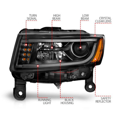 Jeep Projector Headlights, Jeep Grand Headlights, Cherokee 14-15 Headlights, Projector Headlights, Black Housing Projector Headlights, Anzo Projector Headlights,