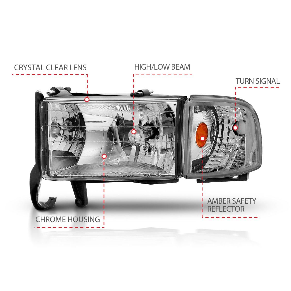 Dodge Ram Crystal Headlights, Ram 1500 Crystal Headlights, Ram 2500 Crystal Headlights, Ram 3500 Crystal Headlights, 1994-2001 Crystal Headlights, Chrome Crystal Headlights, Anzo Crystal Headlights, LED Crystal Headlights