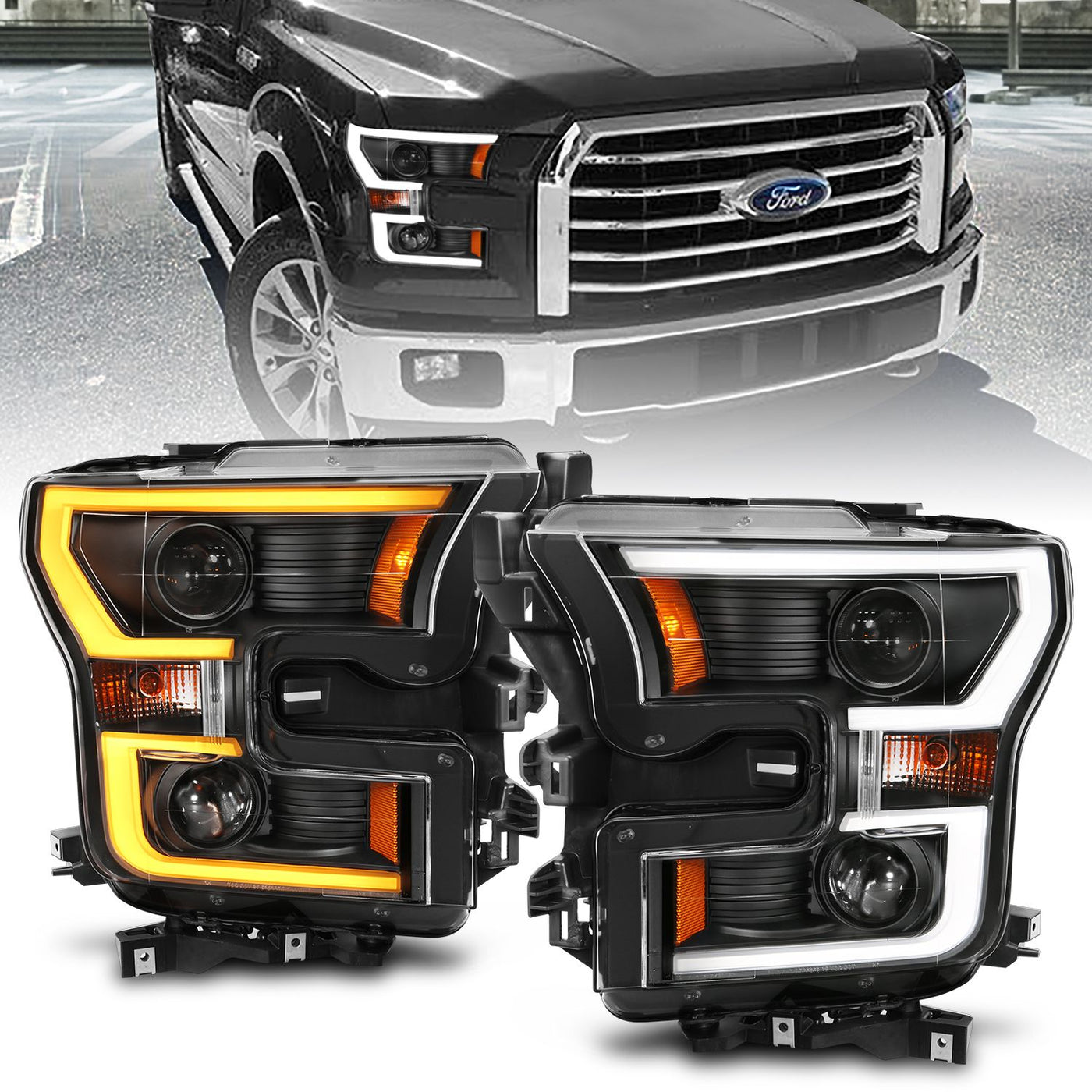Ford Projector Headlight, Ford F 150 15 -17 Projector Headlight, Projector Headlight, Ford Black Projector Headlight, Plank Style  Switchback Headlight,  Anzo