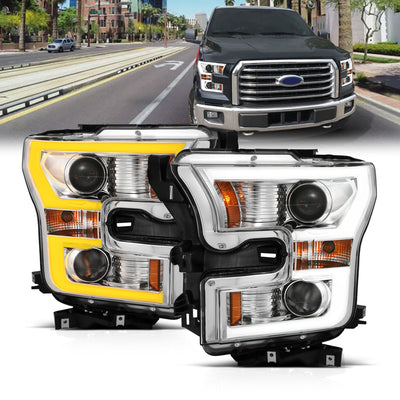 Ford Projector Headlight, Ford F 150 15 -17  Projector Headlight, Projector Headlight, Ford Chrome Projector Headlight, Plank Style  Switchback Headlight,  Anzo