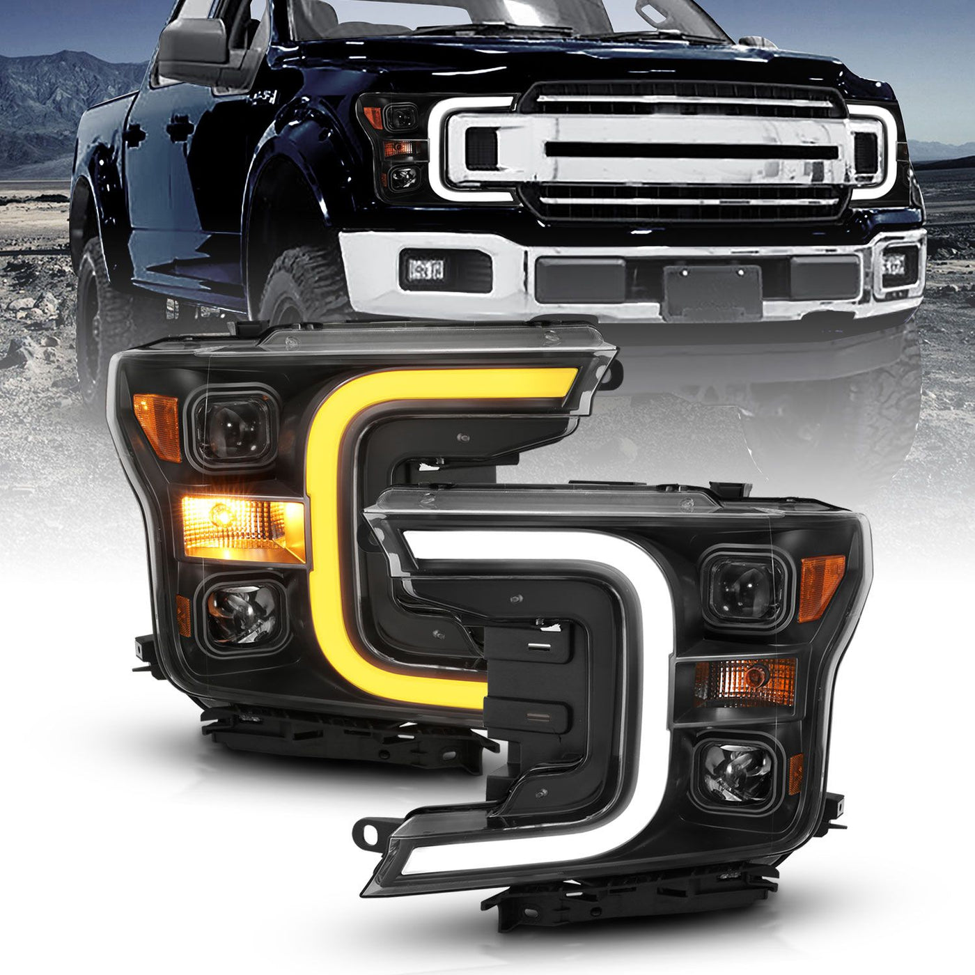  Ford Projector Headlights, Ford F-150 Projector Headlights, Ford 18-20 Projector Headlights, Projector C Bar Style Headlights,  Ford Black Projector Headlights, anzo Projector Headlights