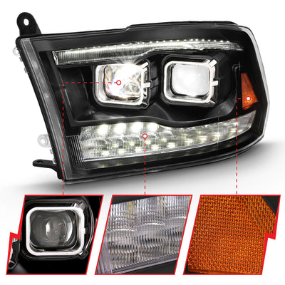 Dodge Ram Headlights, Ram 1500 Headlights, 2010-2018 Projector Headlights, Black Projector Headlights, Anzo Projector Headlights, LED Projector Headlights