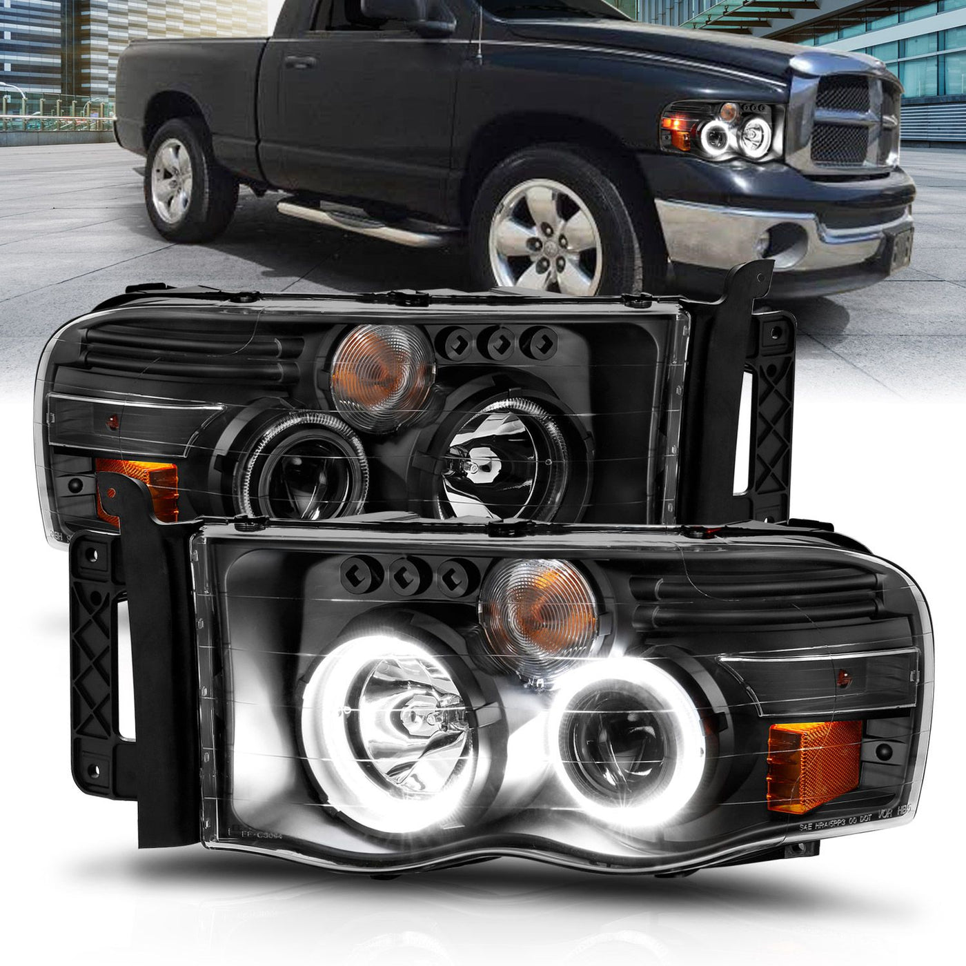 Dodge Ram Projector Headlights, Ram 1500 Projector Headlights, 2002-2005 Projector Headlights, Black Projector Headlights, Anzo Projector Headlights, LED Projector Headlights