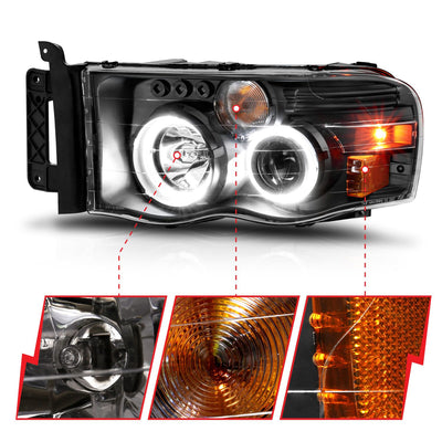 Dodge Ram Projector Headlights, Ram 1500 Projector Headlights, 2002-2005 Projector Headlights, Black Projector Headlights, Anzo Projector Headlights, LED Projector Headlights