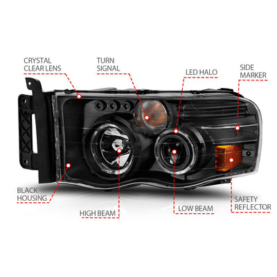 Dodge Ram Projector Headlights, Ram 1500 Projector Headlights, 2002-2005 Projector Headlights, Black Projector Headlights, Anzo Projector Headlights, LED Projector Headlights