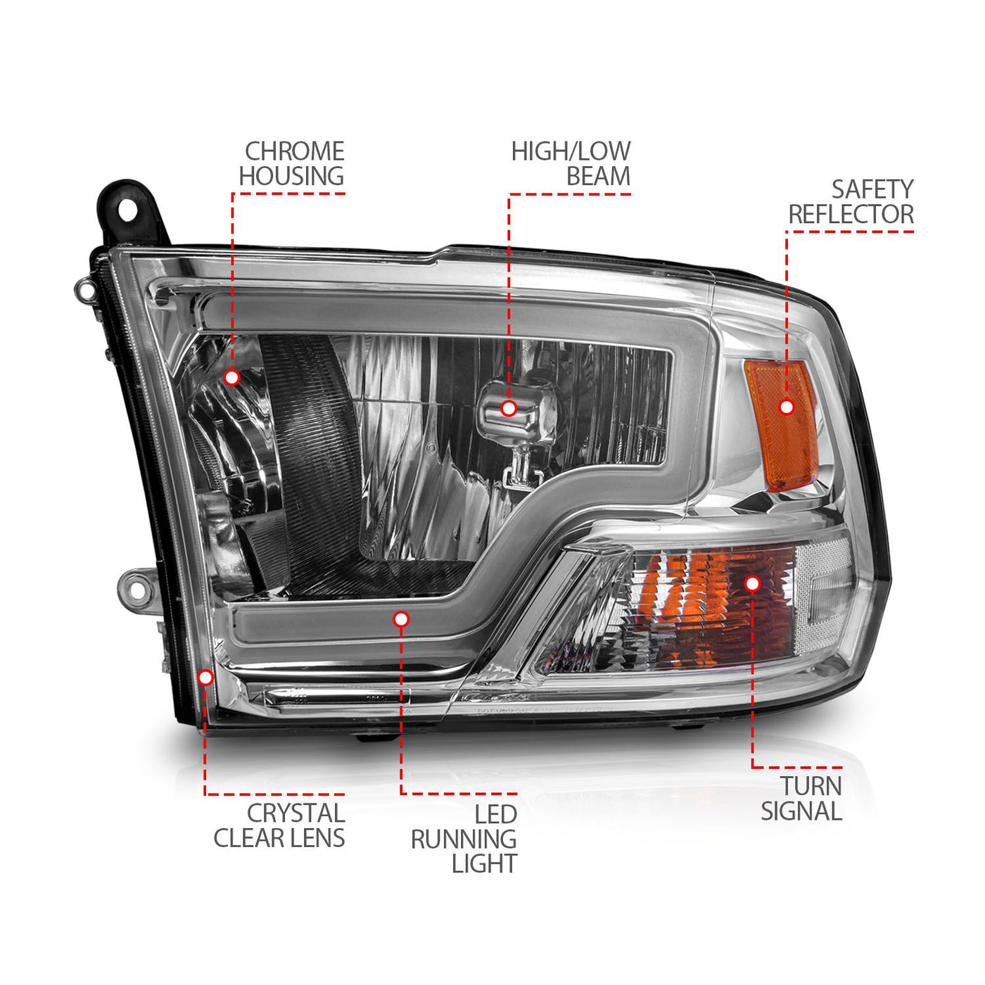 Dodge Ram Headlights, Ram 2500 Headlights, 2009-2018 Headlights, 2010-2018 Headlights, Chrome Halogen Headlights, Anzo Halogen Headlights, LED Halogen Headlights