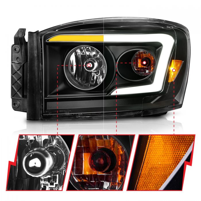 Dodge Crystal Headlights, Ram 1500, Ram 2500, Ram 3500, Dodge 06-09 Crystal Headlights, Switchback Crystal Headlights, Dodge Black Headlights 