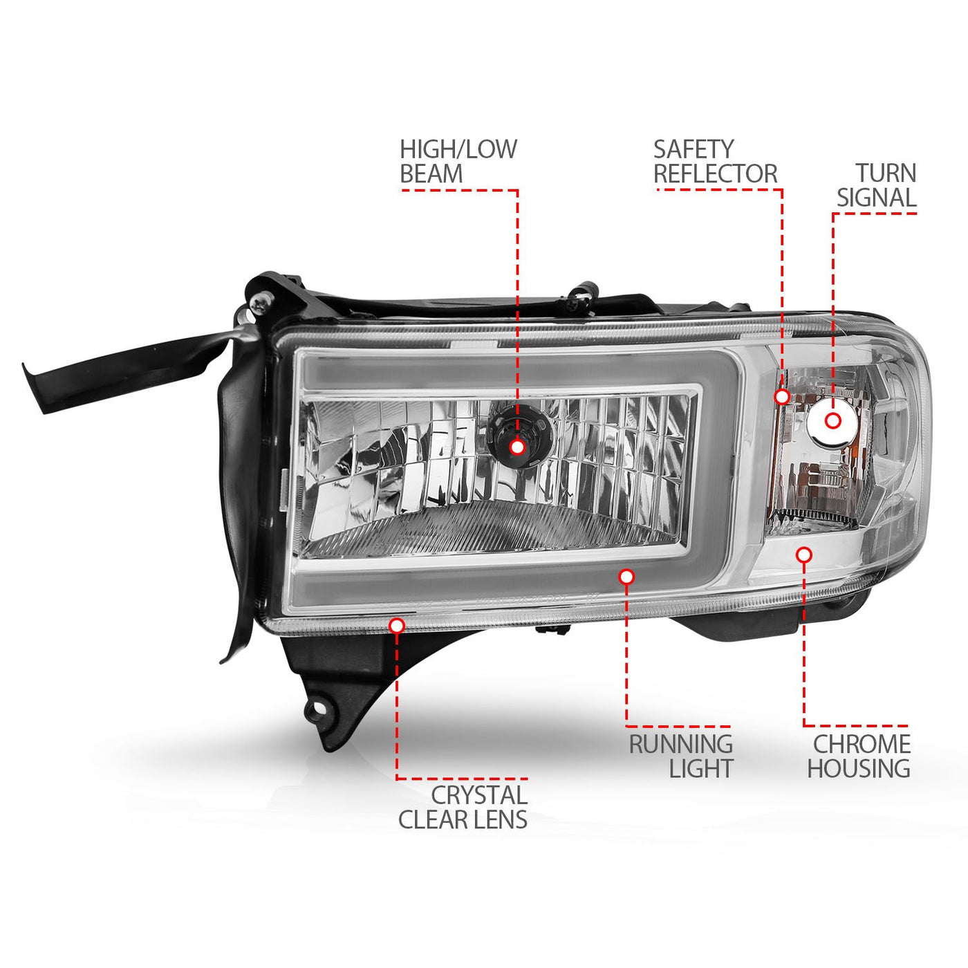 Dodge Ram Headlights, Ram Headlights, 1994-2002 Headlights, Chrome Amber Headlights, Anzo Headlights, LED Headlights