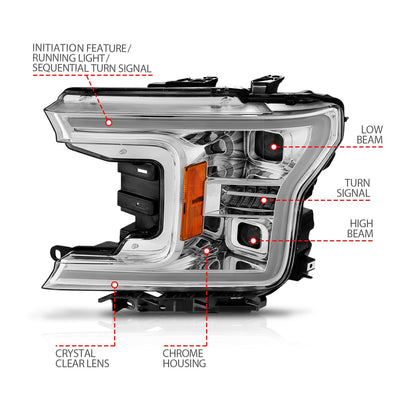 Ford Projector Headlights, Ford F 150 18-20 Projector Headlights, Full Led Projector Headlights , Ford Chrome Projector Headlights, Ford  Sequential Signal, Ford Initiation Feature, Anzo
