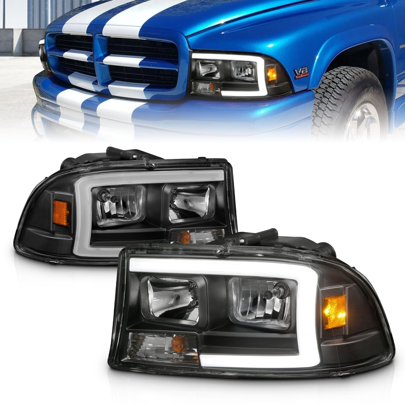 Dodge Dakota Headlights, 1997-2004 LED Headlights, Dakota LED Headlights, Durango LED Headlights, 1998-2003 LED Headlights, Plank Style Headlights, Black LED Headlights, Dodge Durango Headlights