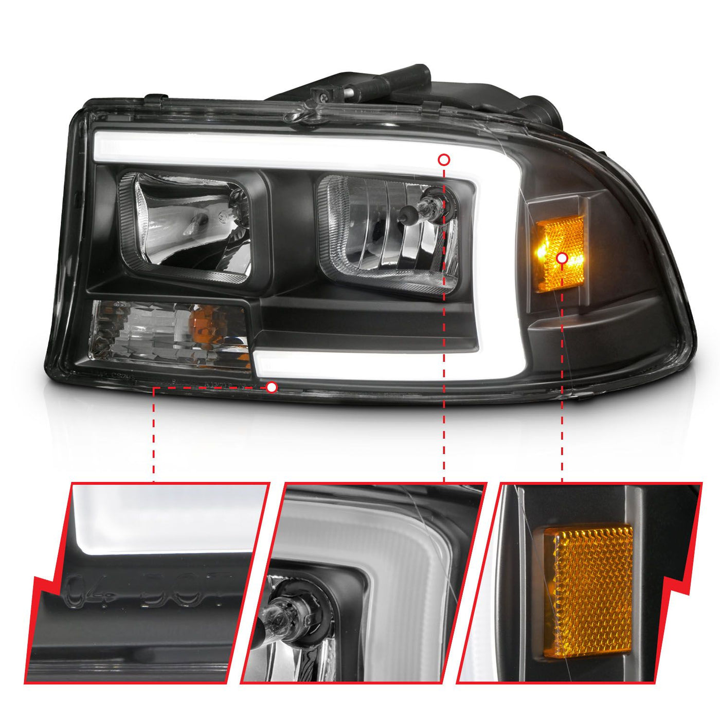 Dodge Dakota Headlights, 1997-2004 LED Headlights, Dakota LED Headlights, Durango LED Headlights, 1998-2003 LED Headlights, Plank Style Headlights, Black LED Headlights, Dodge Durango Headlights