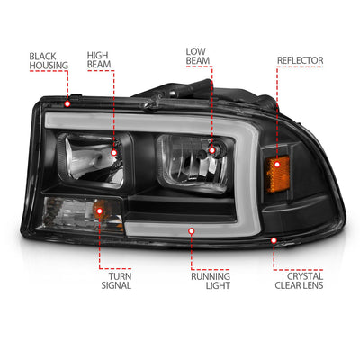 Dodge Dakota Headlights, 1997-2004 LED Headlights, Dakota LED Headlights, Durango LED Headlights, 1998-2003 LED Headlights, Plank Style Headlights, Black LED Headlights, Dodge Durango Headlights