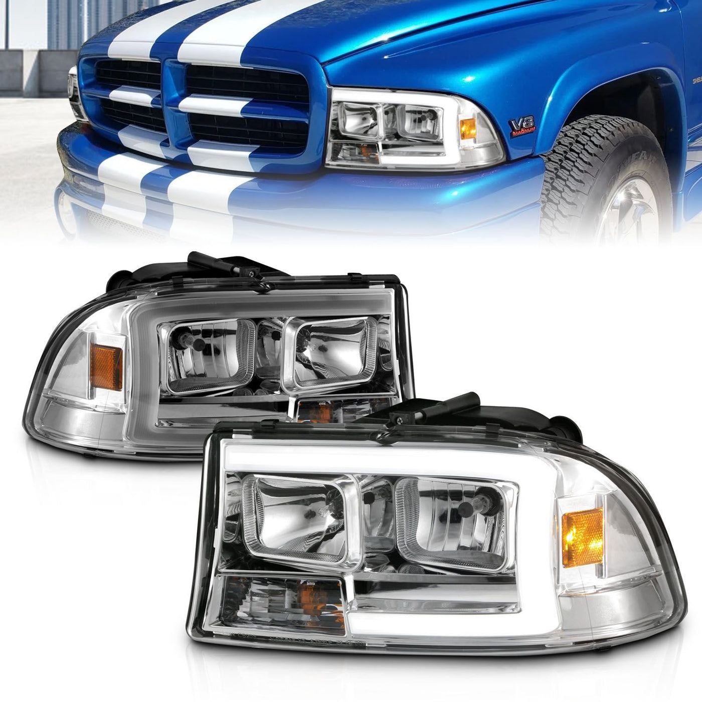 DODGE DAKOTA 97-04 / DURANGO 98-03 CRYSTAL PLANK STYLE HEADLIGHTS CHROME