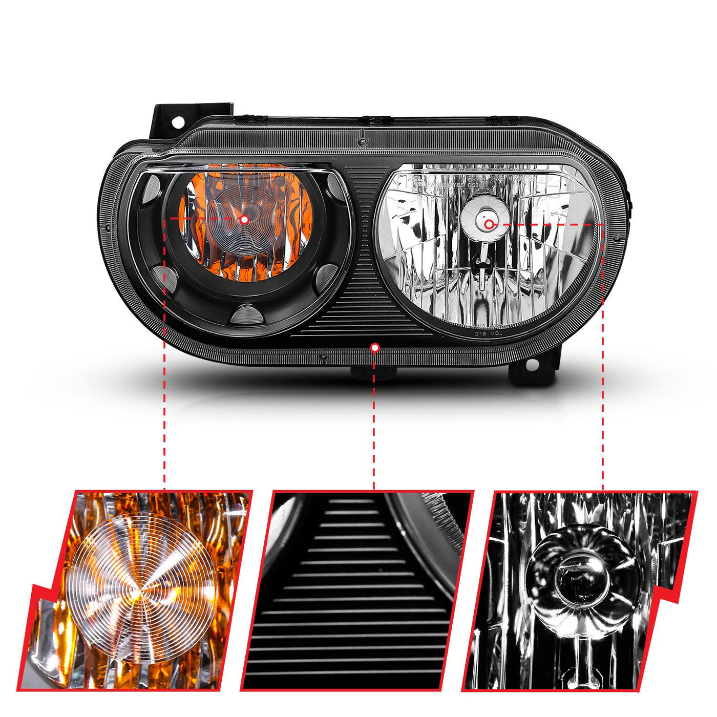 Dodge Challenger Crystal Headlights, Challenger Crystal Headlights, 2008-2014 Crystal Headlights, Black Crystal Headlights, Anzo Crystal Headlights, LED Crystal Headlights