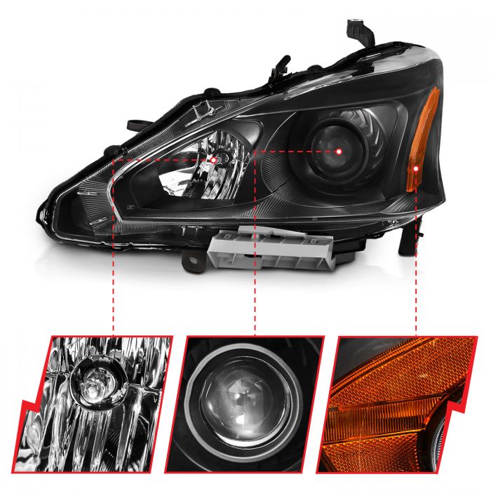 Nissan Projector Headlights, Nissan Altima Headlights, Altima 13-15 Headlights, Nissan 4DR Headlights, Black Projector Headlights, Anzo Projector Headlights   