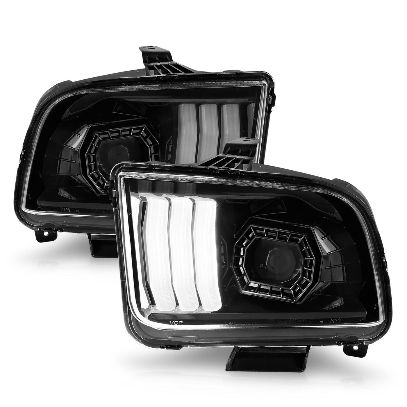 Ford Mustang Headlights, Mustang Projector Headlights, 2005-2009 Projector Headlights, Black Projector Headlights, Anzo Projector Headlights, LED Projector Headlights, Light Bar Style Headlights