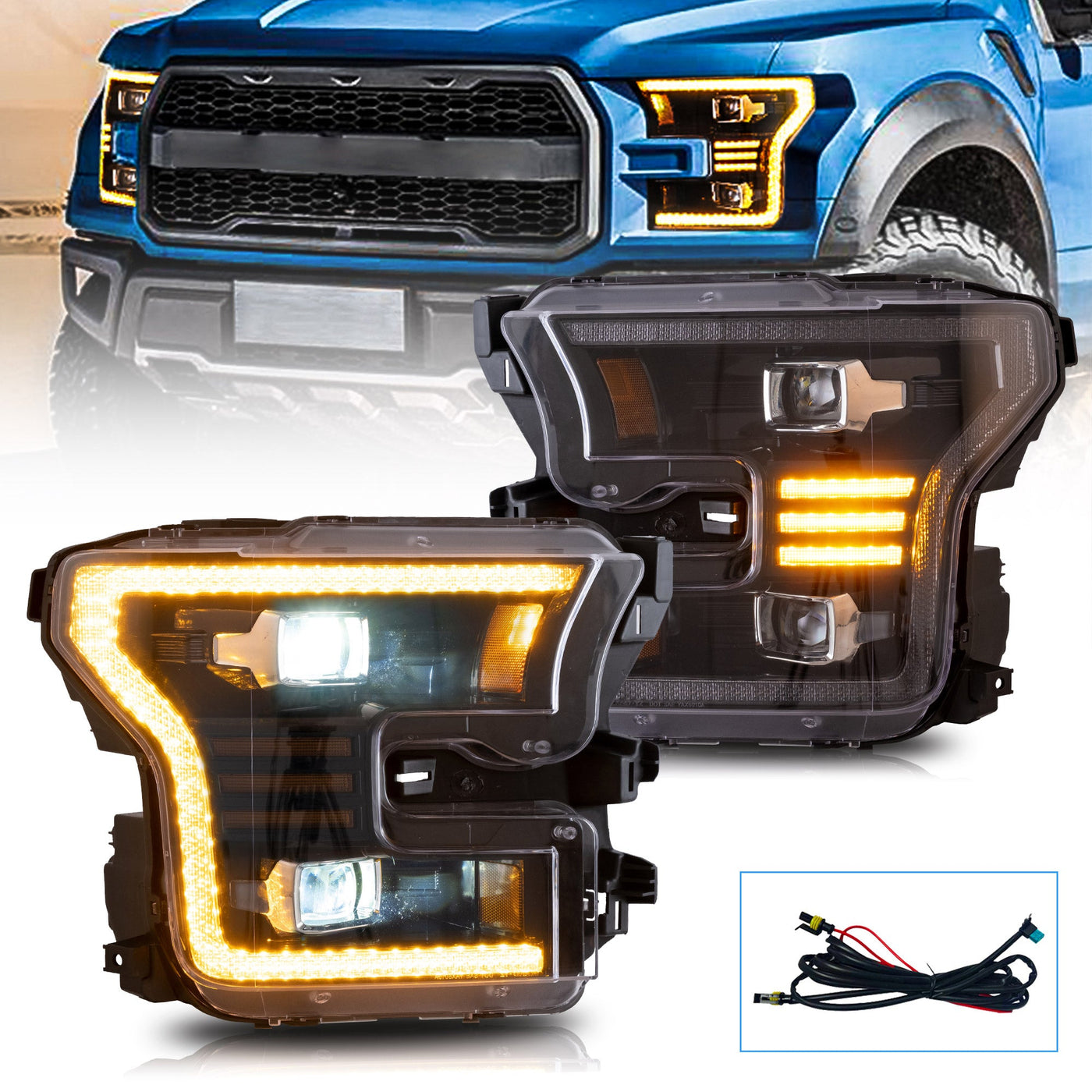 VLAND Full LED Headlights For Ford F150 13th Gen Pickup 2015-2017 With Amber DRL