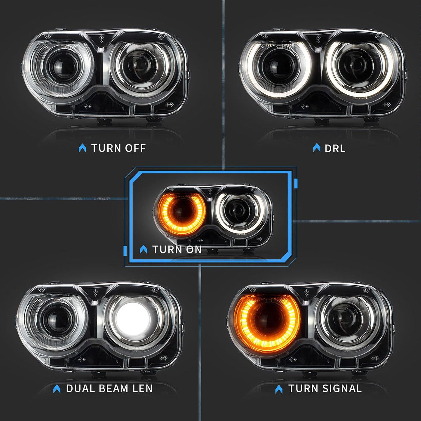 VLAND LED Halo Headlights For Dodge Challenger 2015-2020 With Sequential Turn Signals