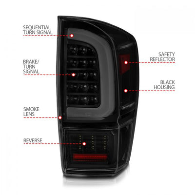 Toyota Tail Lights, Toyota Tacoma Tail Lights, Toyota 16-22 Tail Lights, Full Led Tail Lights, Black Housing Tail Lights, Smoke Lens Tail Lights, Anzo Tail Lights