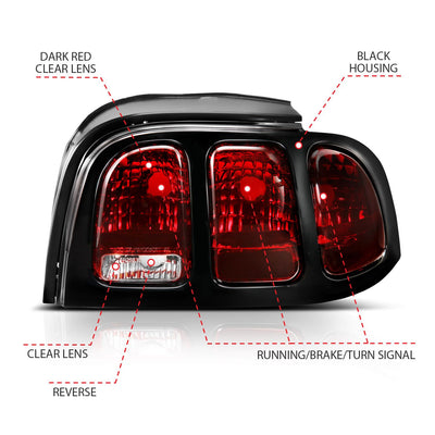 Ford Mustang Tail Lights, Mustang Tail Lights, 1996-1998 Tail Lights, Dark Red Tail Lights, Anzo Tail Lights, LED Tail Lights, Oe Style Tail Lights