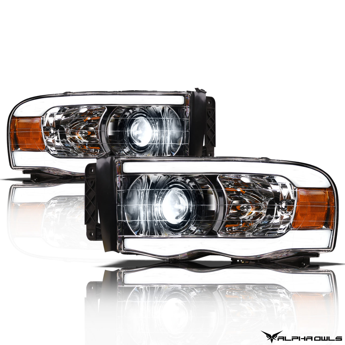 Alpha Owls Projector Headlights, Alpha Owls Dodge Headlights, Dodge 2002-2005 Headlights, Dodge Ram 1500 Headlights, Projector Headlights, Chrome housing Headlights