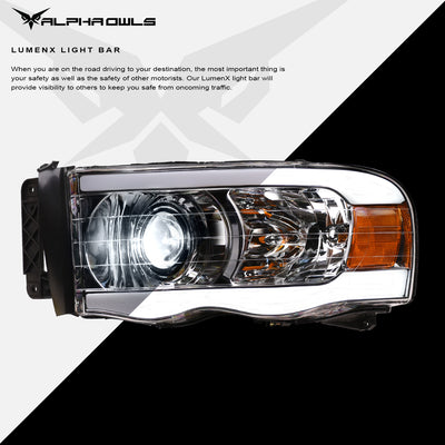 Alpha Owls Projector Headlights, Alpha Owls Dodge Headlights, Dodge 2002-2005 Headlights, Dodge Ram 1500 Headlights, Projector Headlights, Chrome housing Headlights