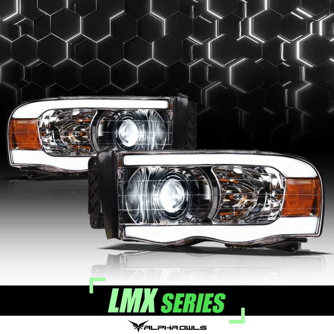 Alpha Owls Projector Headlights, Alpha Owls Dodge Headlights, Dodge 2002-2005 Headlights, Dodge Ram 1500 Headlights, Projector Headlights, Chrome housing Headlights