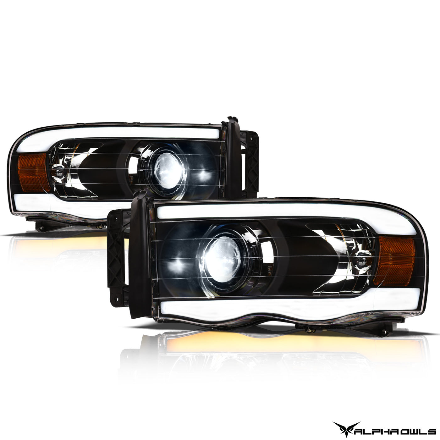 Alpha Owls Projector Headlights, Alpha Owls Dodge Headlights, Dodge 2002-2005 Headlights, Dodge Ram 1500 Headlights, LED Projector Headlights, Black housing Headlights