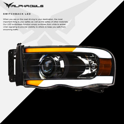 Alpha Owls Projector Headlights, Alpha Owls Dodge Headlights, Dodge 2002-2005 Headlights, Dodge Ram 1500 Headlights, LED Projector Headlights, Black housing Headlights