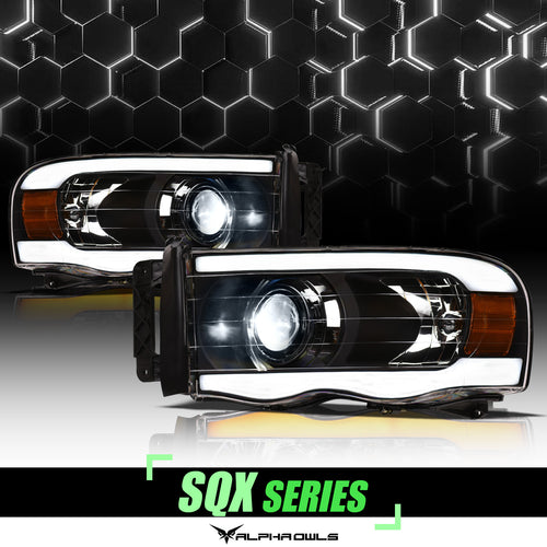 Alpha Owls Projector Headlights, Alpha Owls Dodge Headlights, Dodge 2003-2005 Headlights, Dodge Ram 2500/3500 Headlights, LED Projector Headlights, Black housing Headlights