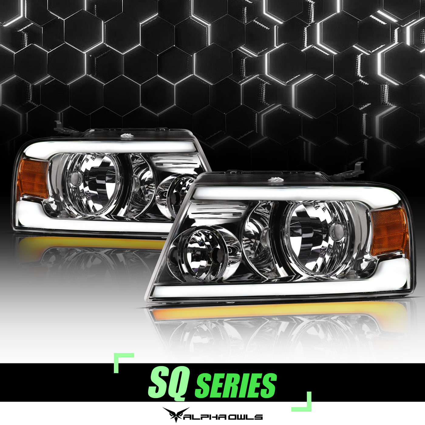 Alpha Owls Headlights, Alpha Owls Ford Headlights, Ford 2004-2008 Headlights, Ford F-150 Headlights, Headlights, Chrome housing Headlights