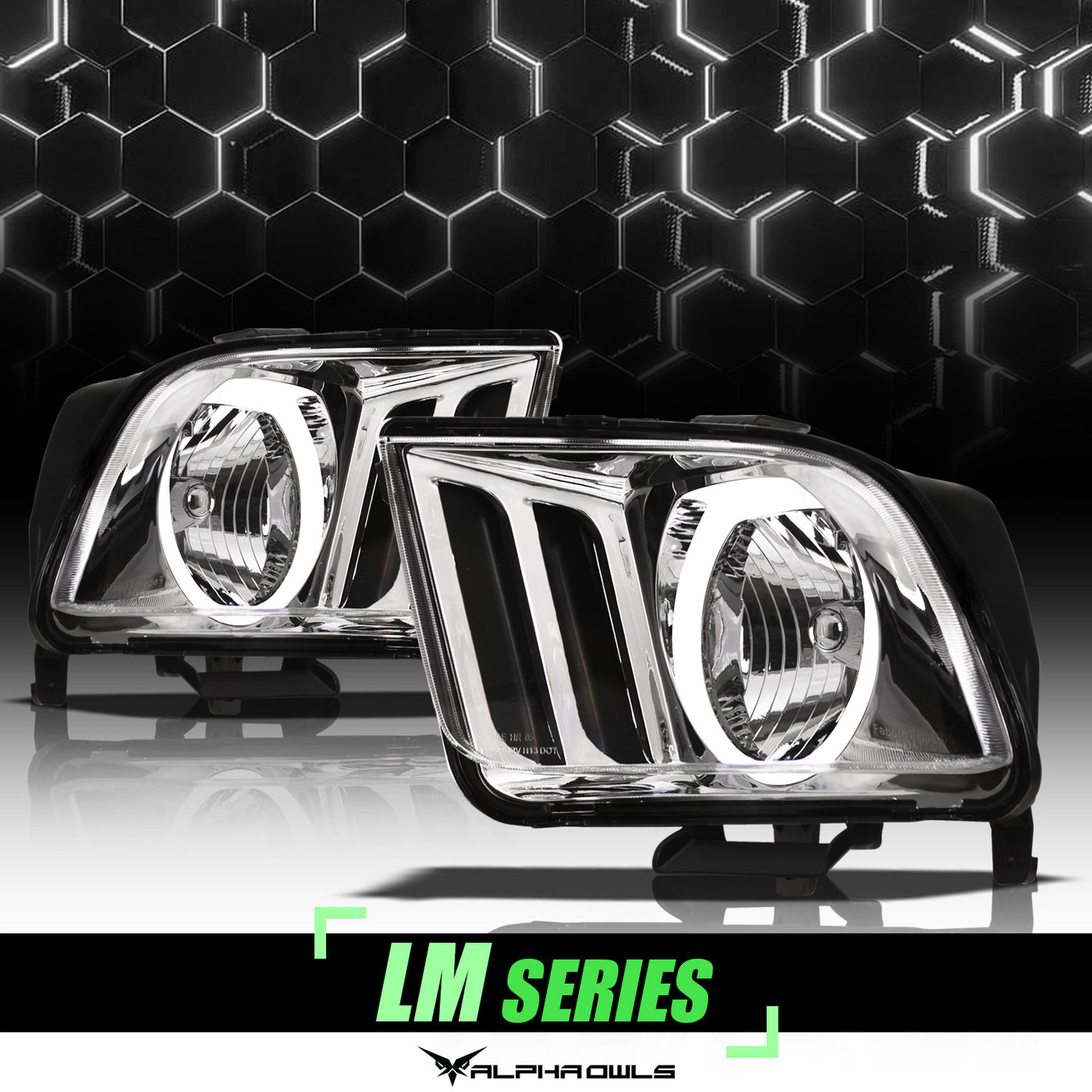 Alpha Owls Headlights, Alpha Owls Ford Headlights, Ford 2005-2009 Headlights, Ford Mustang Headlights, Headlights, Chrome housing Headlights