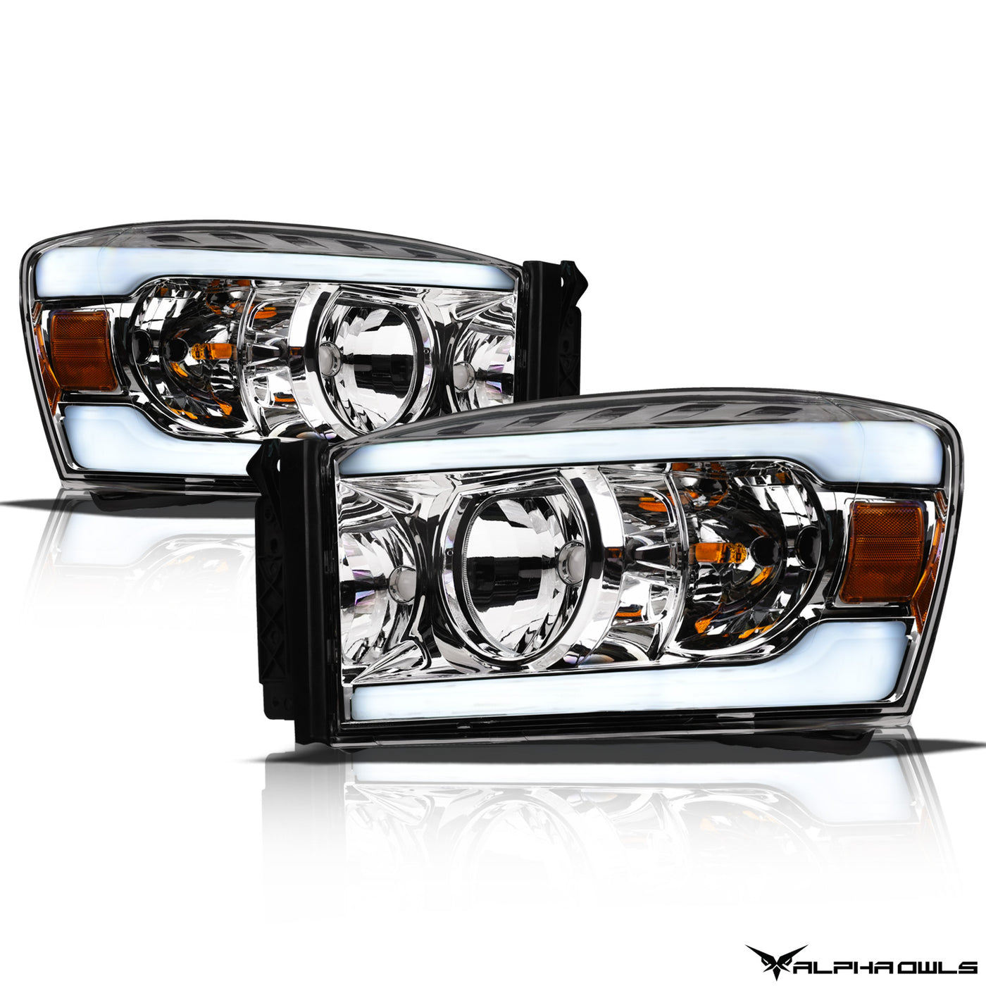 Alpha Owls Headlights, Alpha Owls Dodge Headlights, Dodge 2006-2009 Headlights, Dodge Ram 2500/3500 Headlights, Headlights, Chrome housing Headlights