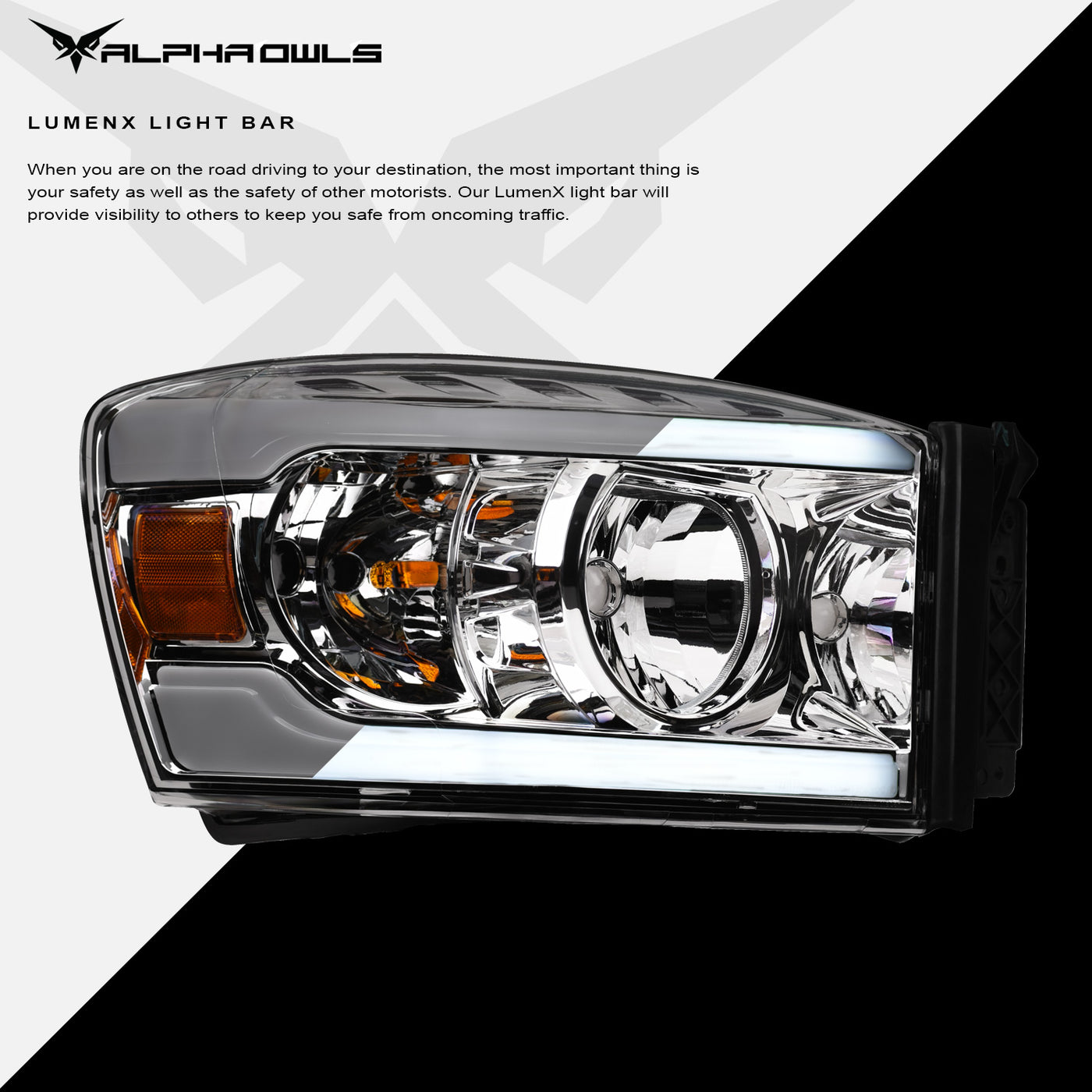 Alpha Owls Headlights, Alpha Owls Dodge Headlights, Dodge 2006-2009 Headlights, Dodge Ram 2500/3500 Headlights, Headlights, Chrome housing Headlights